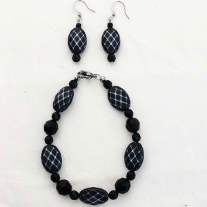Black Checkered Bracelet & Earrings One of a kind